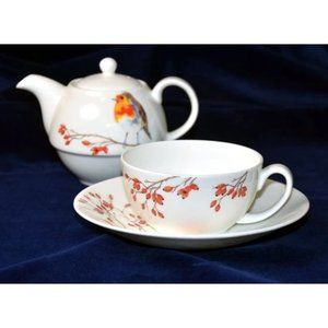 Robin Fine Bone China Tea for One Teapot with Tea Cup and Saucer